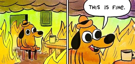 Cartoon dog casually sitting inside a burning building saying "This is fine."