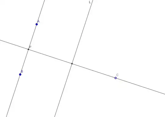 A and b and c are not in the same line ,L parallel to $AB$ and $CP$ perpendicular on $AB$ 