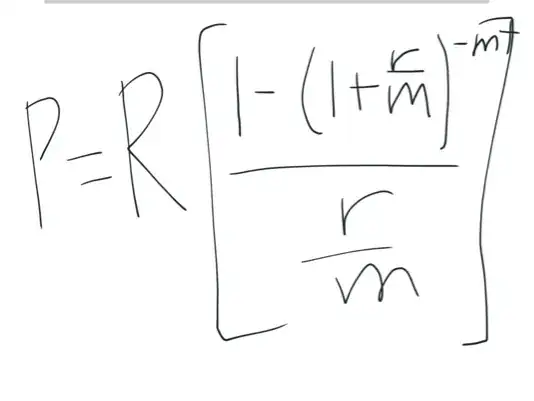 where P is the loan,R is the monthly payment,r is the percent where it is compounded,and m is the compounding factor or rate of compounding and t is time in years