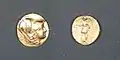 Gold stater of Alexander the Great. Obverse: Athena wearing Corinthian helmet. Reverse: Nike holding stylis and wreath. Possibly minted in Abydos c. 328–323&nbsp;BC.