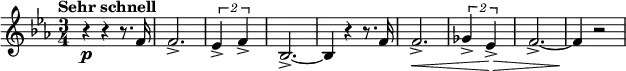 { \new PianoStaff <<
\new Staff \relative f' { \set Staff.midiInstrument = #"french horn" \key es \major \clef treble \time 3/4 \set Score.tempoHideNote = ##t \tempo "Sehr schnell" 4 = 195
r4 \p r4 r8. f16 | % 2
f2. -> | % 3
\times 3/2 {
es4 -> f4 ->
}
| % 4
bes,2. ~ -> | % 5
bes4 r4 r8. f'16 | % 6
f2. \< -> | % 7
\times 3/2 {
ges4 -> es4 \! \> ->
}
| % 8
f2. ~ -> | % 9
f4 \! r2
}
>> }