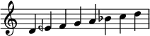 \relative c' {
\time 8/4 \omit Staff.TimeSignature
d4 eeh f g a bes c d \bar "|"
}
