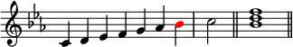 {
\override Score.TimeSignature #'stencil = ##f
\relative c' {
\clef treble \key c \minor
\time 7/4 c4 d es f g aes \once \override NoteHead.color = #red bes \time 2/4 c2 \bar "||"
\time 4/4 <bes d f>1 \bar "||"
} }