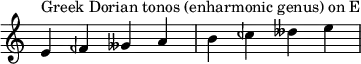 {
\override Score.TimeSignature #'stencil = ##f
\relative c' {
\clef treble \time 4/4
e4^\markup { Greek Dorian tonos (enharmonic genus) on E } feh geses a b ceh deses e
} }