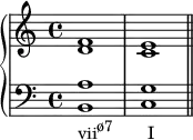 \new PianoStaff <<
\new Staff <<
\new Voice \relative c' {
\stemUp
f1 e
}
\new Voice \relative c' {
\stemDown
d1 c
}
>>
\new Staff <<
\new Voice \relative c' {
\stemUp \clef F
a1 g
}
\new Voice \relative c {
\stemDown
b1_\markup { \concat { "vii" \raise #1 \small "ø7" \hspace #4.5 "I" } } c \bar "||"
}
>>
>>