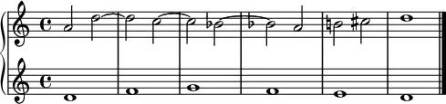 \relative c' {
\new PianoStaff <<
\new Staff {
\set Staff.explicitKeySignatureVisibility = #all-invisible
a'2 d~ d c~ c bes~
\key d \minor bes
a b cis d1 \bar "|."
}
\new Staff {
d, f g f e d \bar "|."
}
>>
}