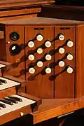 Casavant Frères Organ Great and Pedal Stops to the right of the manuals.
