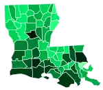 Support for Maness by parish:&nbsp;&nbsp;>9%&nbsp;&nbsp;8–9%&nbsp;&nbsp;7–8%&nbsp;&nbsp;6–7%&nbsp;&nbsp;5–6%&nbsp;&nbsp;4–5%&nbsp;&nbsp;3–4%&nbsp;&nbsp;2–3%&nbsp;&nbsp;1–2%&nbsp;&nbsp;<1%