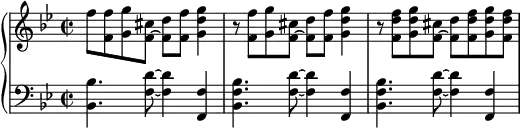 {
\new PianoStaff <<
\new Staff <<
\relative c'' {
\clef treble \key bes \major \time 2/2
f8 <f, f'> <g g'> <f~ cis'> <f d'> <f f'> <g d' g>4
r8 <f f'> <g g'> <f~ cis'> <f d'> <f f'> <g d' g>4
r8 <f d' f> <g d' g> <f~ cis'> <f d'> <f d' f> <g d' g> <f d' f>
}
>>
\new Staff <<
\relative c {
\clef bass \key bes \major \time 2/2
<bes bes'>4. <f' d'>8~ <f d'>4 <f, f'>4
<bes f' bes>4. <f' d'>8~ <f d'>4 <f, f'>4
<bes f' bes>4. <f' d'>8~ <f d'>4 <f, f'>4
}
>>
>> }