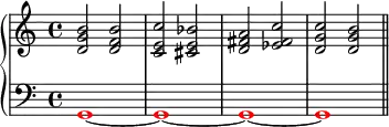 \new PianoStaff <<
\new Staff <<
\new Voice \relative c' {
\clef treble \key c \major \time 4/4
<d g b>2 <d f b> <c e c'> <cis e bes'> <d fis a> <es fis c'> <d g c> <d g b>
}
>>
\new Staff <<
\relative c {
\clef bass \key c \major \time 4/4
\override NoteHead.color = #red g1~ g~ g~ g \bar "||"
}
>>
>>