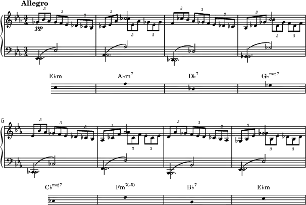 { <<
\new PianoStaff <<
\new Staff << \magnifyStaff #2/3
\new Voice \relative c' {
\key es \major \set Score.tempoHideNote = ##t \tempo 4 = 120 \time 3/4
\mark \markup { \abs-fontsize #10 { \bold { Allegro } } }
\times 2/3 {ges'8_\markup{\dynamic pp} bes aes} \times 2/3 {ges f ees} \times 2/3 {des ces bes} |
\times 2/3 {ces ees aes} \stemDown \times 2/3 {ces ees, aes} \times 2/3 {ges ees ges} |
\stemNeutral \times 2/3 {f ces' bes} \times 2/3 {aes ges f} \times 2/3 {ees des ces} |
\times 2/3 {bes des ges} \stemDown \times 2/3 {bes des, ges} \times 2/3 {f des f} |
\stemNeutral \times 2/3 {ees bes' aes} \times 2/3 {ges f ees} \times 2/3 {des ces bes} |
\times 2/3 {aes ces f} \stemDown \times 2/3 {aes ces, f} \times 2/3 {ees ces ees} |
\stemNeutral \times 2/3 {d aes' ges} \times 2/3 {f ees d} \times 2/3 {ces bes aes} |
\times 2/3 {ges bes ees} \stemDown \times 2/3 {ges bes, ees} \times 2/3 {des bes des} |
}
\new Voice \relative c' { \stemUp
s2. | s4 ces'2 | s2. | s4 bes2 |
s2. | s4 aes2 | s2. | s4 ges2 |
}
\new Staff << \magnifyStaff #2/3
\new Voice \relative c' {
\key es \major \clef F \time 3/4 \stemUp \slurUp
ees,,4( ees'2) | aes,4( aes'2) | des,,4( des'2) | ges,4( ges'2)
ces,,4( ces'2) | f,4( f'2) | bes,,4( bes'2) | ees,4( ees'2)
}
\new Voice \relative c' { \stemDown
ees,,2. | aes2. | des,2. | ges2.
ces,2. | f2. | bes,2. | ees2.
}
>> >> >>
\new Staff = "chords" \with {
\omit TimeSignature
\magnifyStaff #2/3
} \relative c'
{ \hide Staff.KeySignature \key ees \major \clef bass \hide Staff.Clef
{\stopStaff s4 \startStaff \hide Stem ees,8 s s s s s aes s s s s s des, s s s s s ges s s s \stopStaff s s \startStaff ces, s s s s s f s s s s s bes, s s s s s ees}}
\addlyrics \with { alignAboveContext = "chords" \override VerticalAxisGroup.nonstaff-relatedstaff-spacing =
#'((basic-distance . 3)) } { \override LyricText.font-size = #-2 E♭m \markup{\concat{A♭m\super{7}}} \markup{\concat{D♭\super{7}}} \markup{\concat{G♭\super{maj7}}} \markup{\concat{C♭\super{maj7}}} \markup{\concat{Fm\super{7(♭5)}}} \markup{\concat{B♭\super{7}}} E♭m }
>>
}
\layout { line-width = #150 }
