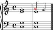 \new PianoStaff <<
\new Staff <<
\new Voice \relative c'' {
\clef treble \key c \major \time 4/4
\stemUp g1 \once \override NoteHead.color = #red a2 g
}
\new Voice \relative c' {
\stemDown e1 e
}
>>
\new Staff <<
\relative c {
\clef bass \key c \major \time 4/4
<c g'>1 <c g'> \bar "||"
}
>>
>>