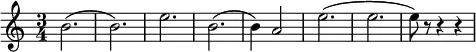 \relative c'' {
\set Staff.midiInstrument = #"french horn"
\key c \major
\time 3/4
b2. (b2.) e2. b2. (b4) a2 e'2. (e2. e8) r8 r4 r4
}