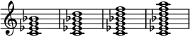 {
\override Score.TimeSignature #'stencil = ##f
\relative c' {
\clef treble
\time 4/4
\key c \major
<c es g bes>1
<c es g bes d>1
<c es g bes d f>1
<c es g bes d f a>1
} }