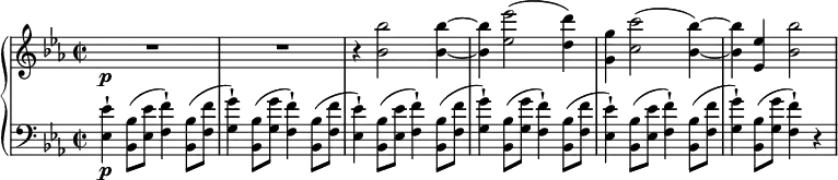 { \new PianoStaff <<
\new Staff \relative bes' { \set Staff.midiInstrument = #"piano" \key c \minor \clef treble \time 2/2 \set Score.tempoHideNote = ##t \tempo 2 = 60
R1*2\p | % 3
r4 <bes bes'>2 <bes bes'>4 ~ ~ | % 4
<bes bes'>4 <es es'>2 ( <d d'>4 ) | % 5
<g, g'>4 <c c'>2 ( <bes bes'>4 ) ~ ~ | % 6
<bes bes'>4 <es, es'>4 <bes' bes'>2
}
\new Staff \relative es { \set Staff.midiInstrument = #"piano" \key c \minor \clef bass \time 2/2
<es es'>4 \p -! <bes bes'>8 ( <es
es'>8 <f f'>4 ) -! <bes, bes'>8 ( <f' f'>8 | % 2
<g g'>4 ) -! <bes, bes'>8 ( <g' g'>8 <f f'>4 ) -! <bes, bes'>8 ( <f'
f'>8 | % 3
<es es'>4 ) -! <bes bes'>8 ( <es es'>8 <f f'>4 ) -! <bes, bes'>8 (
<f' f'>8 | % 4
<g g'>4 ) -! <bes, bes'>8 ( <g' g'>8 <f f'>4 ) -! <bes, bes'>8 ( <f'
f'>8 | % 5
<es es'>4 ) -! <bes bes'>8 ( <es es'>8 <f f'>4 ) -! <bes, bes'>8 (
<f' f'>8 | % 6
<g g'>4 ) -! <bes, bes'>8 ( <g' g'>8 <f f'>4 ) -! r4 \! }
>> }