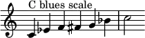 {
\override Score.TimeSignature #'stencil = ##f
\relative c' {
\clef treble \time 6/4
c4^\markup { "C blues scale" } es f fis g bes c2
} }
