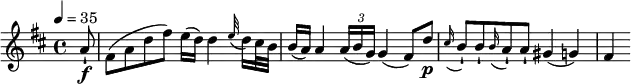 \relative c' { \set Staff.midiInstrument = #"violin"
\key d \major
\tempo 4 = 35
\partial 8 a'8-!\f fis8 (a d fis) e16 (d) d4 \appoggiatura e32 d16 cis32 b32 b16 (a) a4 \tuplet 3/2 {a16 (b g)} g4 (fis8) d'\p \appoggiatura cis16 b8-! b8-! \appoggiatura b16 a8-! a-! gis4 (g) fis}