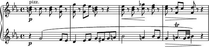 { \new PianoStaff <<
\new Staff \relative b' { \set Staff.midiInstrument = #"pizzicato strings" \key c \minor \clef treble \time 4/4 \set Score.tempoHideNote = ##t \tempo 4 = 50
<b d>8 \p ^"pizz." r8 c8 r8 <b d>8 r8 <g es'>8 r8 | % 2
<g g'>8 r8 <g f'>8 es'8 <b d>8 r8 r4 | % 3
<bes es>8 \< r8 <bes d>8 r8 <c ges'>8 \! r8 <d f>8 r8 | % 4
<c es>8 \> r8 <f, d'>8 c'8 <f, d'>8 r8 \! r4
}
\new Staff \relative g' { \set Staff.midiInstrument = #"string ensemble 1" \key c \minor \clef treble \time 4/4
r4 \p g2 ( f8 es8 | % 2
d4 es8 f8 g8 fis8 g8 a8 | % 3
bes2 a4 bes8 a8 | % 4
g4 \> a8. \trill g32 a32 bes4 ) r4 \! }
>> }