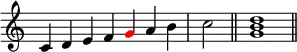 {
\override Score.TimeSignature #'stencil = ##f
\relative c' {
\clef treble
\time 7/4 c4 d e f \once \override NoteHead.color = #red g a b \time 2/4 c2 \bar "||"
\time 4/4 <g b d>1 \bar "||"
} }