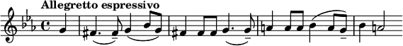 {\set Staff.midiInstrument = #"violin" \key c \minor \tempo "Allegretto espressivo" \partial 4 g'4 fis'4.( fis'8--) g'4( bes'8 g'8) fis'4 fis'8 fis'8 g'4.( g'8--) a'4 a'8 a'8 bes'4( a'8 g'8--) bes'4 a'2 }