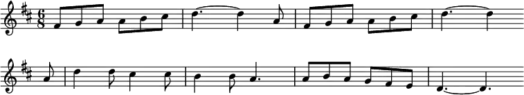 \new Staff <<
\clef treble \key d \major {
\time 6/8 \partial 2.
\relative fis' {
fis8 g a a b cis | d4.~ d4 a8 | fis8 g a a b cis | d4.~ d4 \bar"" \break
a8 | d4 d8 cis4 cis8 | b4 b8 a4. | a8 b a g fis e | d4.~ d4. \bar"" \break
}
}
%\new Lyrics \lyricmode {Hickory Dickory Dock, Pixels looked up at the clock, The clock struck five, he ran away, Hickory Dickory Dock}
%}
>>
\layout { indent = #0 }
\midi { \tempo 4. = 63 }