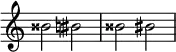 {
\override Score.TimeSignature #'stencil = ##f
\relative c'' {
\clef treble \key c \major \time 4/4 \hide Staff.TimeSignature bisis2 bis \accidentalStyle modern bisis2 bis
} }