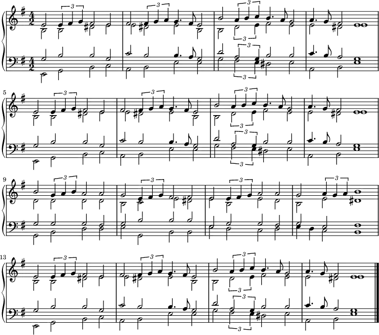 { \new PianoStaff <<
\new Staff <<
\new Voice \relative c' {\set Staff.midiInstrument = #"church organ" \set Score.tempoHideNote = ##t \tempo 4 = 130 \voiceOne \clef treble
\key e \minor
\time 4/2
\language "english"
e2 \times 2/3 {e4 fs g} fs2 e fs2 \times 2/3 {fs4 g a} g4. fs8 e2
b'2 \times 2/3 {a4 b c} b4. a8 g2 a4. g8 fs2 e1
e2 \times 2/3 {e4 fs g} fs2 e fs2 \times 2/3 {fs4 g a} g4. fs8 e2
b'2 \times 2/3 {a4 b c} b4. a8 g2 a4. g8 fs2 e1
b'2 \times 2/3 {g4 a b} a2 a g2 \times 2/3 {e4 fs g} fs2 fs
e2 \times 2/3 {e4 fs g} a2 a g2 \times 2/3 {a4 g a} b1
e,2 \times 2/3 {e4 fs g} fs2 e fs2 \times 2/3 {fs4 g a} g4. fs8 e2
b'2 \times 2/3 {a4 b c} b4. a8 g2 a4. g8 fs2 e1
\bar "|."
}
\new Voice \relative c' { \voiceTwo
b2 b ds e e ds e b
b \times 2/3 {d2 e4} fs2 e e ds e1
b2 b ds e e ds e b
b \times 2/3 {d2 e4} fs2 e e ds e1
d2 d d d b c e ds
e b e d b e ds1
b2 b ds e e ds e b
b \times 2/3 {d2 e4} fs2 e e ds e1
} >>
\new Staff <<
\new Voice \relative c' {\set Staff.midiInstrument = #"church organ" \clef bass \key e \minor \time 4/2 \voiceOne
g2 b b g c b b4. a8 g2
d' \times 2/3 {a2 g4} b2 b c4. b8 a2 g1
g2 b b g c b b4. a8 g2
d' \times 2/3 {a2 g4} b2 b c4. b8 a2 g1
g2 g g fs g b b b
e, g g fs g e fs1
g2 b b g c b b4. a8 g2
d' \times 2/3 {a2 g4} b2 b c4. b8 a2 g1
}
\new Voice \relative c { \voiceTwo
e,2 g b c a b e e
g \times 2/3 {fs2 e4} ds2 e a,2 b e1
e,2 g b c a b e e
g \times 2/3 {fs2 e4} ds2 e a,2 b e1
g,2 b d d e g, b b
e d c d e4 d c2 b1
e,2 g b c a b e e
g \times 2/3 {fs2 e4} ds2 e a,2 b e1
}
>> >> }