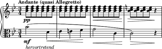 \relative c'' {
\new PianoStaff <<
\new Staff {
\set Staff.midiInstrument = #"piano" \key bes \major \clef treble \time 3/4 \set Score.tempoHideNote = ##t \tempo "Andante (quasi Allegretto)" 4 = 56
<bes d f>8 \pp <bes d f>8 <bes d f>8 <bes d f>8 <bes d f>8 <bes d f>8 |
<bes d f>8 <bes d f>8 <bes d f>8 <bes d f>8 <bes d f>8 <bes d f>8 |
<bes d f>8 \< <bes d f>8 <bes d f>8 <bes d f>8 <bes d f>8 <bes d f>8 |
<bes c e>8 \! \> <bes c e>8 <bes c e>8 <bes c e>8 r4 \! |
}
\new Staff {
\set Staff.midiInstrument = #"piano" \key bes \major \clef alto \time 3/4
bes2 \mf _\markup{ \italic { hervortretend } } ( d,4 \< |
es4 e4 f4 \! |
g2 \< c,4 |
c2 \! \> ) r4 \! |
}
>>
}