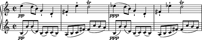 { \new PianoStaff <<
\new Staff \relative e'' { \set Staff.midiInstrument = #"piano" \key c \major \clef treble \time 2/2 \set Score.tempoHideNote = ##t \tempo 2 = 43
e4 \pp ( d8 b8 ) g4 -! d4 -! | % 2
fis4 -! e'4 -! d2 \trill | % 3
es4 \ppp ( d8 b8 ) g4 -! d4 -! | % 4
fis4 -! es'4 -! d2 \trill
}
\new Staff \relative b { \set Staff.midiInstrument = #"piano" \key c \major \clef treble \time 2/2
b8 \pp ( b'8 ) b8 ( d,8 ) b8
( c8 ) c8 ( b8 ) | % 2
a8 ( b8 c8 fis8 ) fis8 ( c'8 b8 a8 ) | % 3
b,8 \ppp ( b'8 ) b8 ( d,8 ) b8 ( c8 ) c8 ( b8 ) | % 4
a8 ( b8 c8 fis8 ) fis8 ( c'8 b8 a8 ) }
>> }