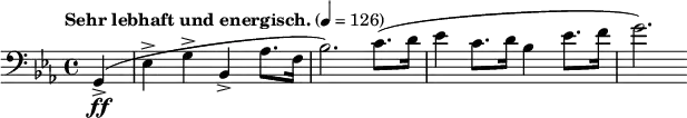\new Staff \relative c {
\clef bass \time 4/4 \key ees \major \tempo "Sehr lebhaft und energisch." 4=126 \set Staff.midiInstrument = #"cello"
\partial 4 g-\ff->(ees'-> g-> bes,-> aes'8. f16 bes2.) c8.(d16 ees4 c8. d16 bes4 ees8. f16 g2.)
}