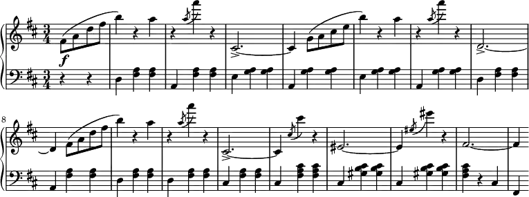 \relative c' {
\new PianoStaff <<
\new Staff { \key b \minor \time 3/4
\set Score.tempoHideNote = ##t
\tempo "" 2. = 64
\partial 2
fis8( a d fis b4) r a r \slashedGrace a8( a'4) r cis,,,2.->~ cis4 g'8( a cis e b'4) r a r \slashedGrace a8( a'4) r d,,,2.->~ d4 fis8( a d fis b4) r a r \slashedGrace a8( a'4) r cis,,,2.->~ cis4 \slashedGrace cis'8( cis'4) r eis,,2.~ eis4 \slashedGrace eis'8( eis'4) r fis,,2.~ fis4
}
\new Dynamics {
s\f
}
\new Staff { \key b \minor \time 3/4 \clef bass \partial 2
r4 r d, <fis a> <fis a> a, <fis' a> <fis a> e <g a> <g a> a, <g' a> <g a> e <g a> <g a> a, <g' a> <g a> d <fis a> <fis a> a, <fis' a> <fis a> d <fis a> <fis a> d <fis a> <fis a> cis <fis a> <fis a> cis <fis a cis> <fis a cis> cis <gis' b cis> <gis b cis> cis, <gis' b cis> <gis b cis> <fis a cis> r cis fis,
}
>>
}