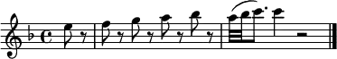 \relative c'' {
\key f \major
\partial 4 e8 r |
f8 r g r a r bes r |
a32( bes c8.) c4 r2 | \bar "|."
}