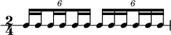 \new RhythmicStaff {
\clef percussion
\time 2/4
\set Score.tempoHideNote = ##t \tempo 4 = 100
\tuplet 6/4 { c16 \set stemRightBeamCount = #1 c \set stemLeftBeamCount = #1 c \set stemRightBeamCount = #1 c \set stemLeftBeamCount = #1 c c }
\tuplet 6/4 { c16 c \set stemRightBeamCount = #1 c \set stemLeftBeamCount = #1 c c c }
}
