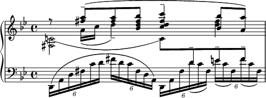 {
\new PianoStaff
<<
\new Staff
{
\clef treble
\time 4/4
\key g\minor
<<
{
r8 <a'' fis''>8-- ( <a'' fis''> <bes'' fis'' d'' bes'> <c''' fis'' d'' c''>4-- <bes'' bes'>8 <a'' a'> )
}
\\
{
\once \override Tie #'control-points = #'((1 . -3.5) (11 . -7) (21 . -7) (31 . -3.5))
<c'!~ fis>2 c'8 \change Staff="LeftHand" \stemUp d'^- e'^- fis'^-
}
\\
{}
\\
{
s8 a'16 ( c'' d''4--) s <fis'' d''>4
}
>>
}
\new Staff = "LeftHand"
{
\clef bass
\key g\minor
\times 4/6 {d,16 ( a, d fis c' d' } \times 4/6 {fis' d' c' fis d a,) } \slurDown \times 4/6 {d, a, fis d' ( c' fis ) } \times 4/6 {e' ( c' fis ) fis' ( c' fis ) }
}
>>
}