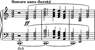 {
\new PianoStaff <<
\new Staff <<
\relative c' {
r2 <c e g c>(\ff <d f a d>
<g b d g>2. <f a c f>4 <e g b e> <d f a d>
<d f a d>2 <a c e a> <e' g b e>2)
}
>>
\new Staff <<
\new Voice \relative c {
\stemUp \clef bass \key c \major \time 3/2 \tempo "Sonore sans dureté"
r2 <g c e g>^( <a d f a>
<d g b d>2. <c f a c>4 <b e g b> <a d f a>
<a d f a>2 <e a c e> <b' e g b>)
}
\new Voice \relative c, {
\stemDown
c1.-^_--~_\markup { \italic "8vb" } c~ c
}
>>
>> }