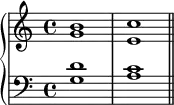 \new PianoStaff <<
\new Staff <<
\new Voice \relative c'' {
\stemUp \clef treble \key c \major \time 4/4
b1 c
}
\new Voice \relative c'' {
\stemDown
g1 e
}
>>
\new Staff <<
\new Voice \relative c' {
\stemUp \clef bass \key c \major \time 4/4
d1 c
}
\new Voice \relative c' {
\stemDown
g1 a \bar "||"
}
>>
>>