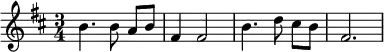 \relative
{
\key b \minor
\time 3/4
b'4. b8\noBeam a b
fis4 fis2
b4. d8\noBeam cis b
fis2.
}