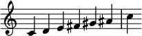 {
\override Score.TimeSignature #'stencil = ##f
\relative c' {
\clef treble \time 6/4
c4 d e fis gis ais c
} }