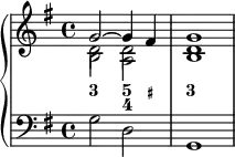 {
\new PianoStaff <<
\new Staff <<
\new Voice \relative c'' {
\clef treble \key g \major \time 4/4 \tempo 2 = 60 \set Score.tempoHideNote = ##t
<< { g2~ g4 fis } \\ { d2 d } \\ \\ { s2 \once \override NoteColumn.force-hshift = 0 a2 } \once \override NoteColumn.force-hshift = 0 b2 >> |
< b d g >1 |
}
\new FiguredBass {
\figuremode {
<3>2 <5 4>4 <_+> <3>1
}
}
>>
\new Staff <<
\new Voice \relative c' {
\stemDown \clef bass \key g \major \time 4/4
g2 d g,1
}
>>
>> }