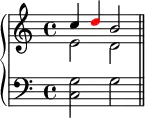 \new PianoStaff <<
\new Staff <<
\new Voice \relative c'' {
\stemUp \clef treble \key c \major \time 4/4
c4 \once \override NoteHead.color = #red d b2
}
\new Voice \relative c' {
\stemDown
e2 d
}
>>
\new Staff <<
\new Voice \relative c {
\clef bass \key c \major \time 4/4
<c g'>2 g' \bar "||"
}
>>
>>