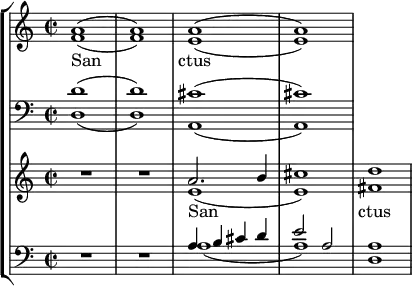 <<
\new StaffGroup <<
\new Staff \with { \magnifyStaff #1.0 \consists "Merge_rests_engraver" } { \clef treble \time 2/2 \key a \minor
\set Staff.midiInstrument = "choir aahs"
\set Staff.midiMinimumVolume = #0.2
\set Staff.midiMaximumVolume = #0.6
\relative c'
<< { a'1( a) a( a) } \\
{ f1( f) e( e) } >>
}
\addlyrics { San -- _ -- ctus }
\new Staff \with { \magnifyStaff #1.0 \consists "Merge_rests_engraver" } { \clef bass \key a \minor \set Staff.midiInstrument = "choir aahs"
\relative c'
<< { d1( d) cis( cis) } \\
{ d,1( d) a( a) } >>
}
\new Staff \with { \magnifyStaff #1.0 \consists "Merge_rests_engraver" } { \clef treble \time 2/2 \key a \minor
\set Staff.midiInstrument = "choir aahs"
\set Staff.midiMinimumVolume = #0.7
\set Staff.midiMaximumVolume = #1.0
\relative c'
<< { R1 R a'2. b4 cis1 d1 } \\
{ R1 R | e,( e) fis } >>
}
\addlyrics { San -- _ -- _ -- ctus }
\new Staff \with { \magnifyStaff #1.0 \consists "Merge_rests_engraver" } { \clef bass \key a \minor \set Staff.midiInstrument = "choir aahs"
\relative c'
<< { R1 R a4 b cis d e2 a, a1 } \\
{ R1 R a( a) d, } >>
}
>>
>>
\layout { indent = #0 }
\midi { \tempo 4 = 120 }