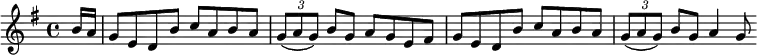 \new Score {
\new Staff {
\relative c'' {
\clef treble
\key g \major
\time 4/4
\partial 16*2 b16 a |
g8 e d b' c a b a |
\times 2/3 { g8( a g) } b8 g a g e fis |
g8 e d b' c a b a |
\times 2/3 { g8( a g) } b8 g a4 g8
}
}
}