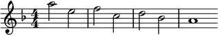 \relative c'' { \clef treble \numericTimeSignature \time 4/4 \key d \minor \bar "|:" a'2 e | f c | d bes | a1 \bar ":|" }