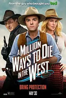 Three people dressed in Western style. On the left in the background a man dressed in dark colors with a gun held high. In the center a man in a blue shirt with a brown waistcoat, and behind him to his right a blonde woman