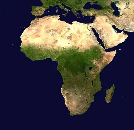 Image 7Geography of AfricaPhoto: NASAA composite satellite image of the geography of Africa, the Earth's second-largest continent, and its adjacent islands. Separated from Europe by the Mediterranean Sea and from much of Asia by the Red Sea, Africa is joined to Asia at its northeast extremity by the Isthmus of Suez. For geopolitical purposes, the Sinai Peninsula&nbsp;– east of the Suez Canal&nbsp;– is often considered part of Africa, although geographically it belongs in Asia. Africa can be divided into a number of geographic zones: The Atlas Mountains in the north, the Sahara, the coastal plains, and the inner plateaus.More selected pictures