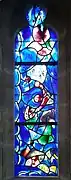 Window 7, a red tumbling angel, bird
