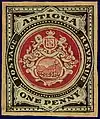 Hand-painted essay of the 1903 one penny stamp of Antigua from the Toeg Collection, sold by Christie's Robson Lowe in 1990.