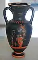 Etruscan pseudo red figure amphora from the Praxias group&nbsp;[de], which probably had their workshop in Vulci; draped youths on both sides; c.480/50 BC.