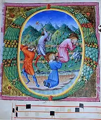 Antiphonary II: Two kneeling saints beaten to death in a landscape (ca. 1442) Tempera, gold, and ink on vellum (20.5 x 10&nbsp;cm.) Biblioteca Comunale degli Intronati, Siena