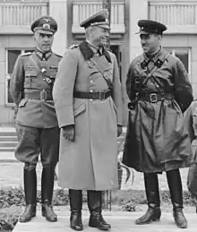 Common parade of German Wehrmacht and Soviet Red Army on September 23, 1939 in Brest, Eastern Poland at the end of the Poland Campaign.  In the center is Major General Heinz Guderian; and on the right is Brigadier General Semyon Krivoshein.